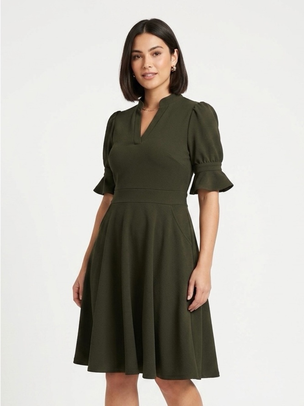 Army Green,  Puff Sleeve Fit-and-Flare Dress With short Sleeve & pockets - S